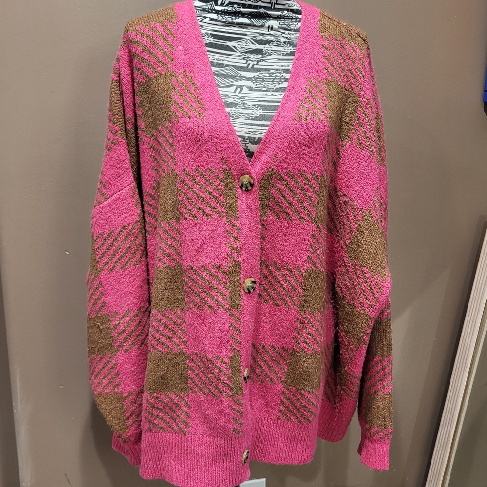 Maurices Pink and Brown Plaid Knit Button Down Cardigan Sz 4X *3/$30 Sale* - Picture 2 of 5